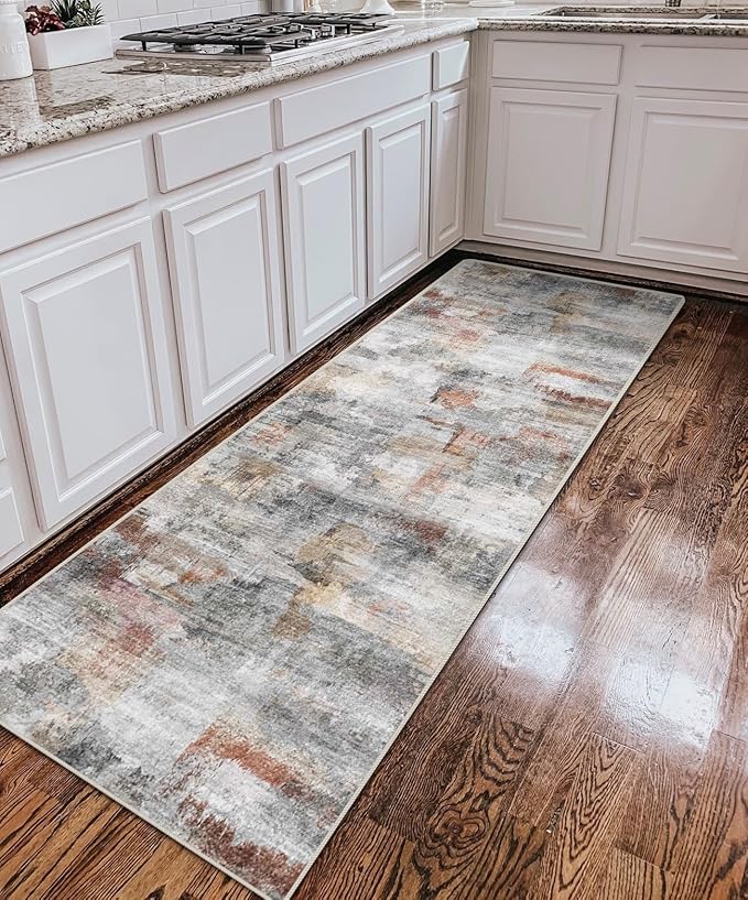 vivorug Runner Rug 2'x8' Machine Washable Non-Slip Runners for Hallways Kitchen Entryway Laundry Room Modern Abstract Carpet Hallway Runner Grey/Rust