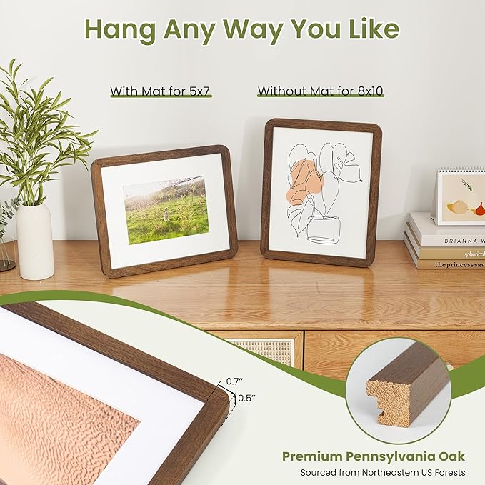 Dreamland 8x10 Round Corner Picture Frame, Solid Oak Photo Frame With Mat For 5x7, Plexiglass Framing Includes Hanging Hardware For Vertical Or Horizontal Wall Frame, Walnut, 3 Pack