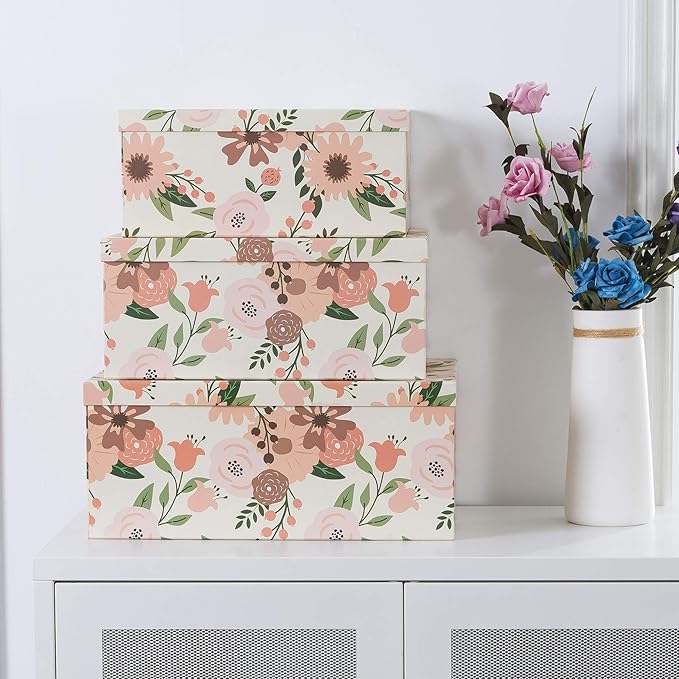 Soul & Lane Decorative Cardboard Storage Boxes with Lids for Home Decor and Organization, Set of 3 Large Keepsake Boxes for Memories & Gifts, Nesting Floral Photo Storage Containers, Peach Blossoms