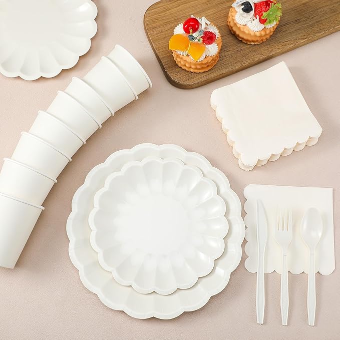 Newtay 350 Pcs Scalloped Paper Plates Shell Edge Disposable Tableware Cocktail Napkins Cups Plastic Spoons Forks Knives for Wedding Baby Shower Picnic Birthday Party Supply for 50 Guests (Cream White)
