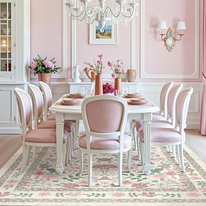 Deerly Boho Floral Area Rug 6x9 for Living Room Vintage Large Washable Non-Slip Bedroom Carpet Soft Low Pile Thin Floor Mat Indoor for Dining Room Playroom Nursery Farmhouse, Beige/Light Pink/Multi