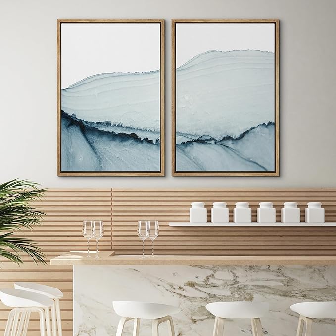 SIGNWIN Framed Wall Art Print Set Blue Paint Stroke Wave Collage Abstract Shapes Illustrations Modern Art Rustic Relax/Calm Multicolor for Living Room, Bedroom, Office - 16"x24"x2 Natural