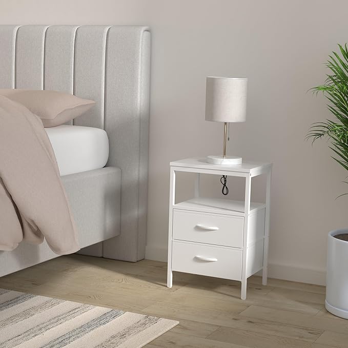 Huuger Nightstands Set of 2, End Tables with Charging Station, Side Tables with Fabric Drawers, Bedside Tables with USB Ports and Outlets, Night Stands for Bedroom, White