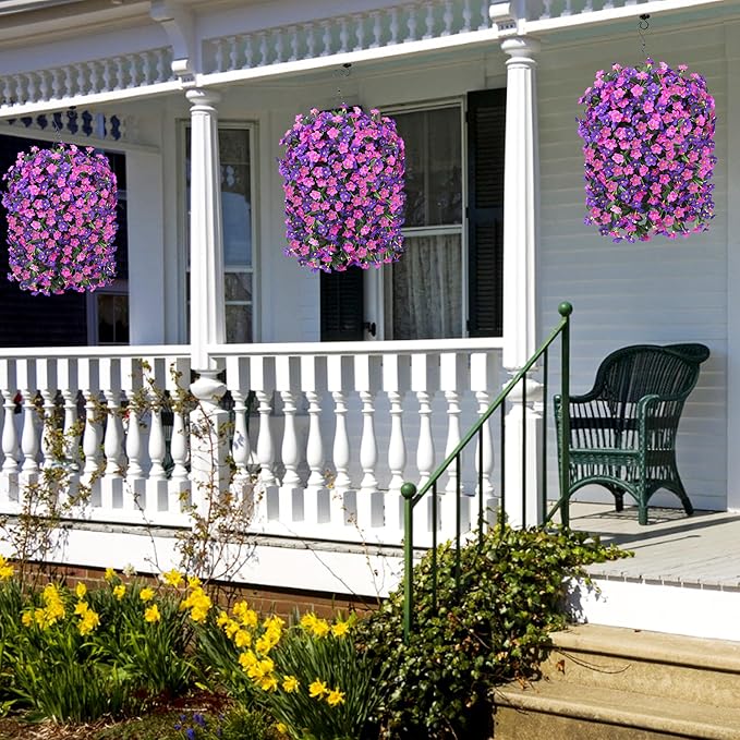 Artificial Faux Fall Hanging Flowers Plants Baskets for Outdoor Outside, Fake Silk Dark Purple Fuchsia Orchid Trailing Vines in Planter Realistic UV Resistant for Balcony Porch Decor
