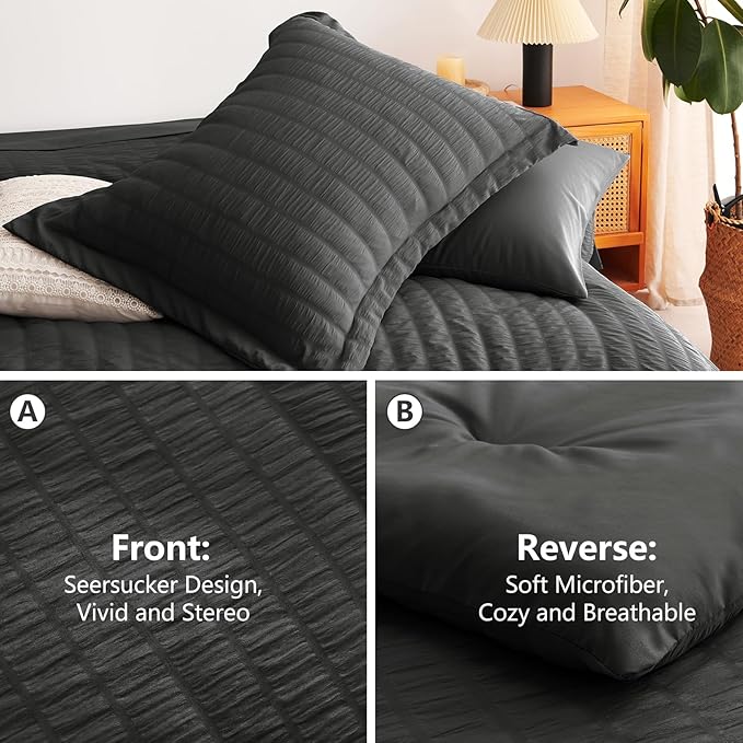 CozyLux Queen Comforter Set Dark Grey Seersucker 7 Pieces Bed in a Bag Queen Comforter Set with Sheets, Luxury Soft Bedding Set with Down Alternative Comforter, Sheets, Pillowcases & Shams All Seasons