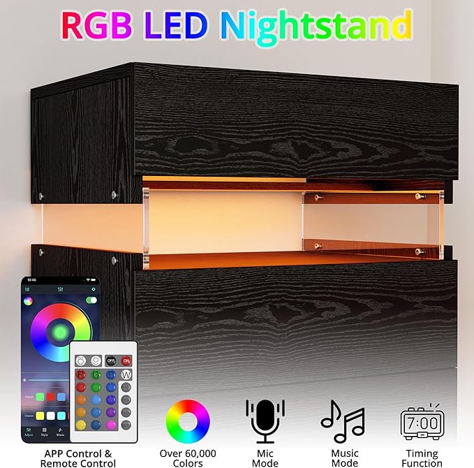 IRONCK Night Stand, LED Nightstand with 3 Drawers, Modern Bedside Table with Storage, End Table for Bedroom, Black