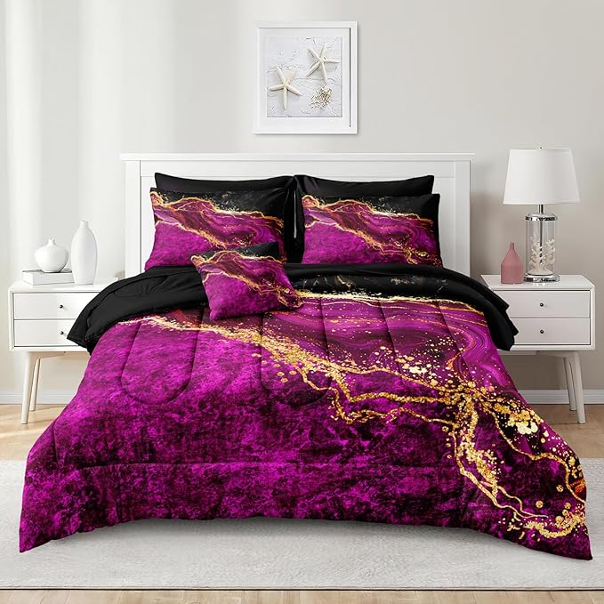 Black Gold Comforter Set 8 Pcs Hot Pink Marble Bedding Set King Size Bed in A Bag Purple and Black Marble Stone Texture Abstract Room Decor Black Marble Bed Comforter