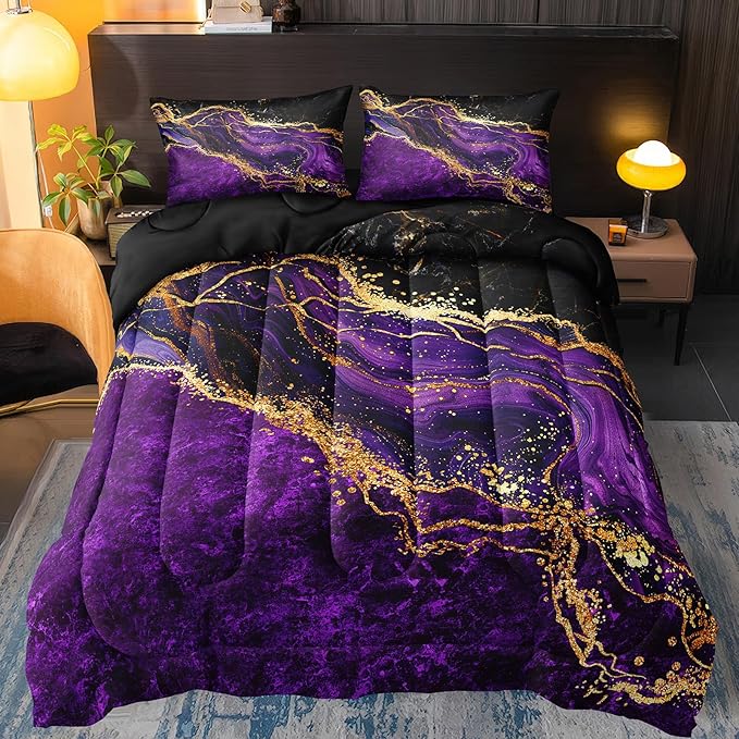 Black Gold Comforter Set Purple Marble Bedding Set Queen Size Black Marble Stone Abstract Artwork Bedroom Decor Black Marble Comforter Sets for All Season