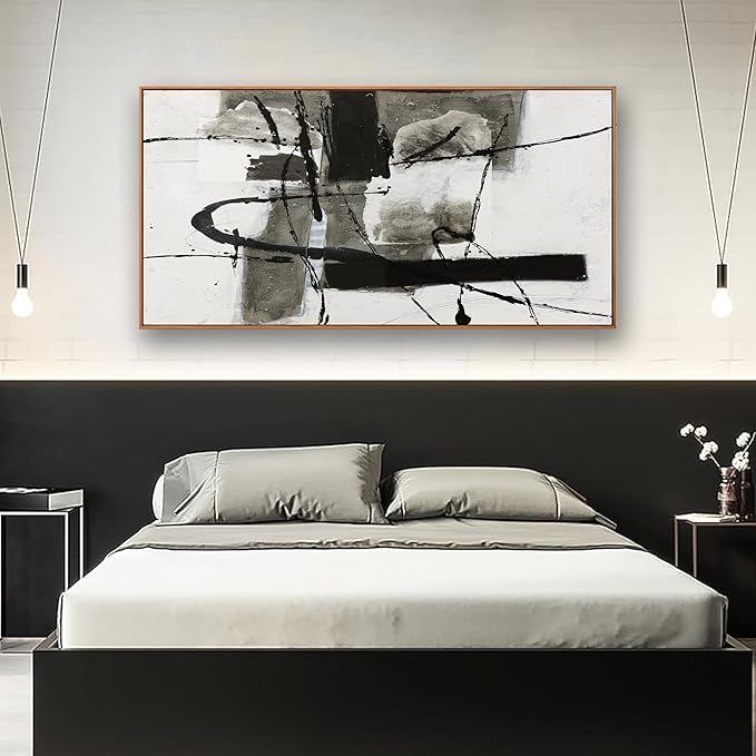 Modern Maximalist Abstract Wall Art - Black and White Irregular Graffiti Framed Canvas Decor for Living Room, Bedroom, Office - 20"x40"