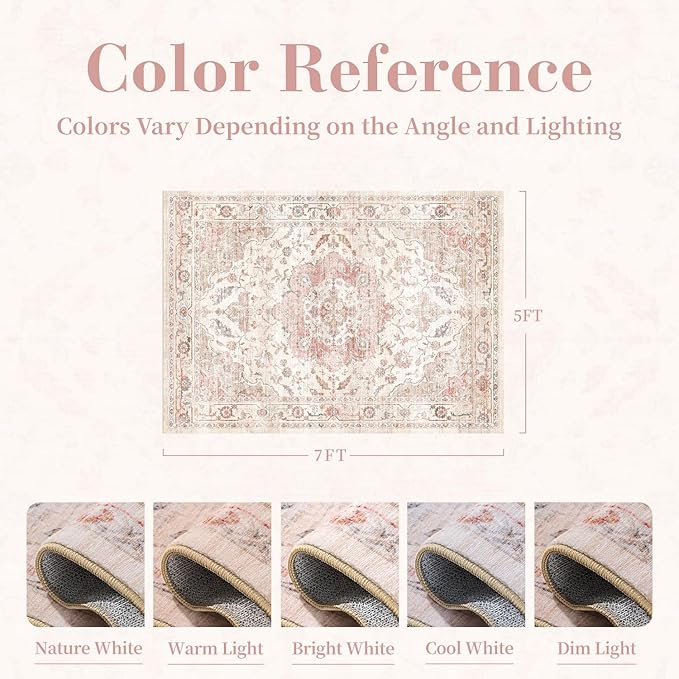 PADOOR-Vintage Area Rug 5X7 Rugs for Living Room-Soft Pink Rugs for Bedroom-Machine Washable Rugs Non Slip Carpet-Rug for Dining Room Living Room Bedside Office