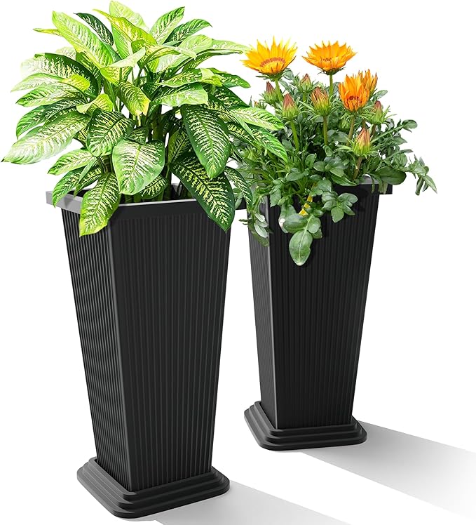 24-Inch Tall Planters Set of 2 for Outdoor and Indoor Use,Tapered Flower Pots with Drainage Tray, Front Porch and Patio Decor,Ideal for Large Plants (Stripes-Black)