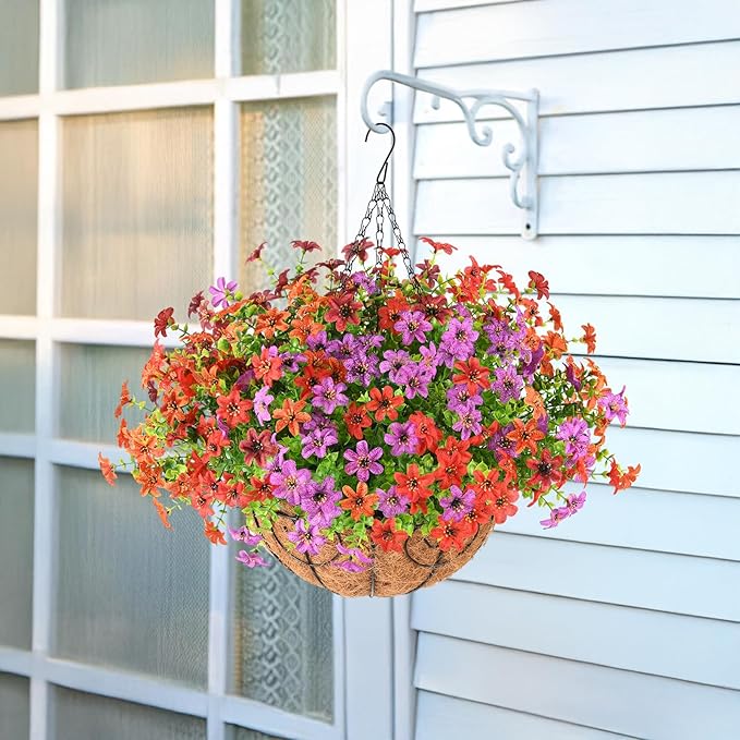 INQCMY Artificial Hanging Flowers Basket for Outdoors - Faux Daisy Silk Flower Realistic, Colorful Fake Plastic Plants UV Resistant Summer Decor for Garden Front Porch Patio Balcony Yard