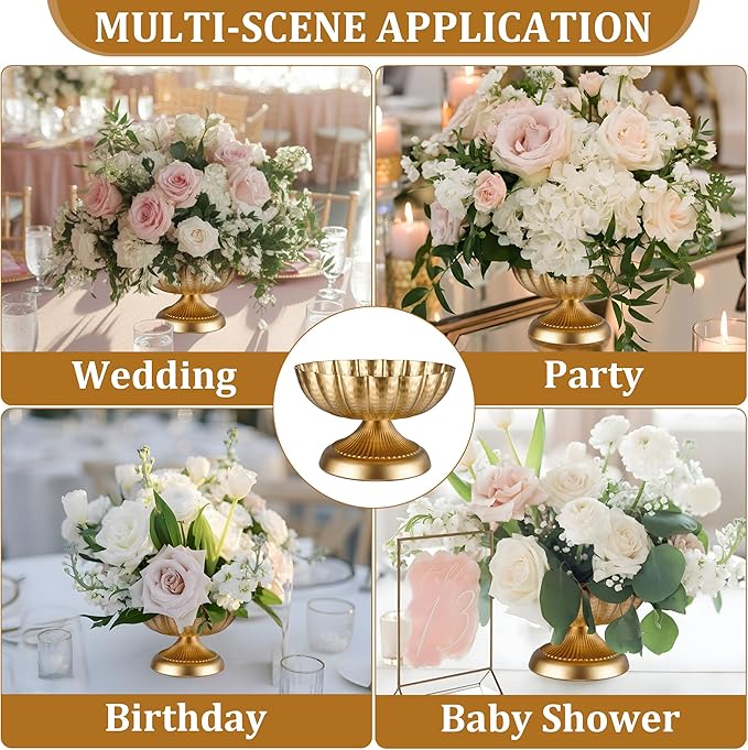 Compote Bowl Vases for Centerpieces Urn Vase, Metal Small Pedestal VaSe Gold Pot, Flower Arrangement for Wedding Anniversary Party Home Decor, 2Pcs