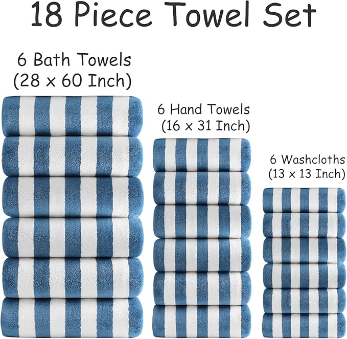 18 Pcs Navy Cabana Stripe Family Towels Set with Hanging Loop-6 Bath Sheets,6 Hand Towels,6 Washcloths Ultra Soft Bathroom Towel Highly Absorbent Quick Dry Shower Towel for Beach Chair,Spa,Gym,Hotel