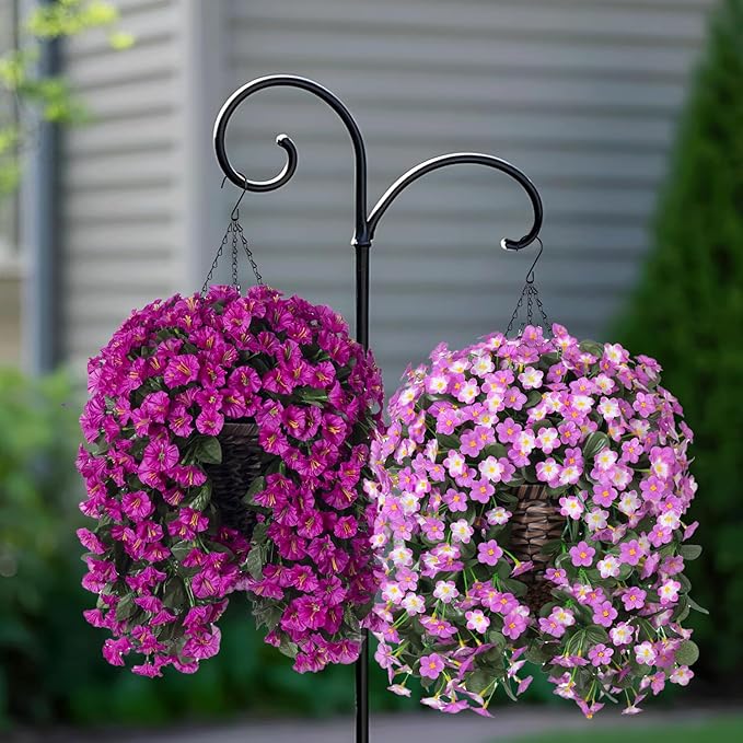 Artificial Faux Fall Hanging Flowers Plants Baskets for Outdoor Outside, Fake Silk Light Fuchsia and Fuchsia Orchid Trailing Vines in Planter Realistic UV Resistant for Balcony Porch Decor