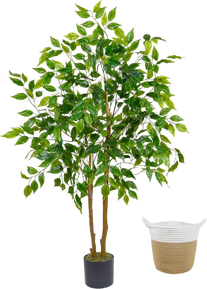 Artificial Ficus Tree, 4ft Tall Fake Ficus Tree with Basket, Faux Plant for Indoor Outdoor Home Livingroom Office Garden Porch Décor