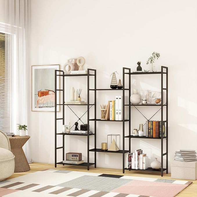 Panana Triple 4/5/6 Tier Bookshelf, Industrial Bookcase with 11/14/17 Open Display Shelves Wide Book Shelf Book Case with Metal Frame for Living Room Home Office (Black, 4 Tier)