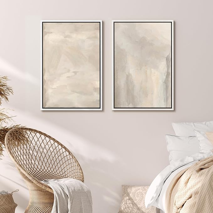 MUDECOR Framed Canvas Print Wall Art Abstract Neutral Tones Minimalist Earthy Color Palette Illustrations Modern Art Decorative Chic for Living Room, Bedroom, Office - 24"x36"x2 White
