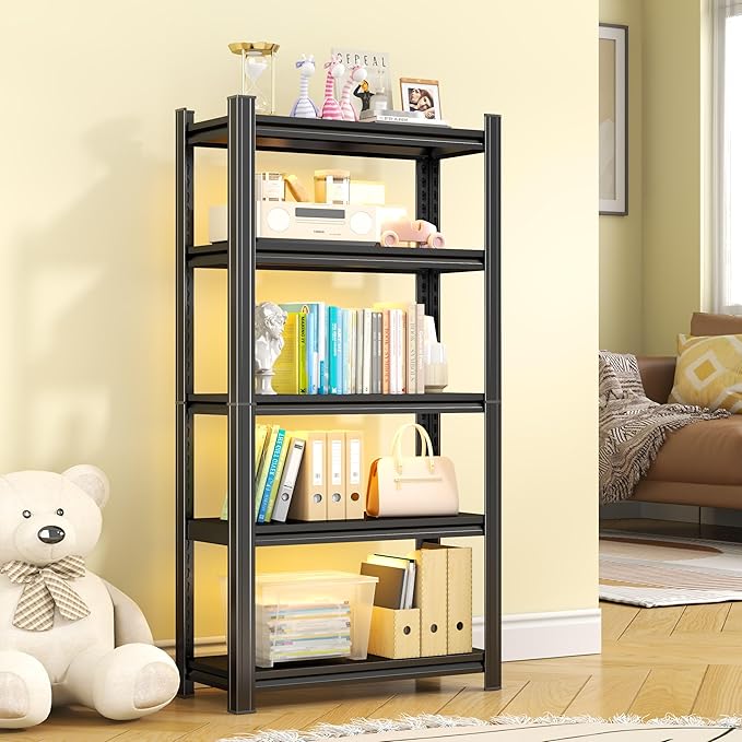 Tall Bookshelf with Open Shelves, Metal Office Book Shelf, Adjustable Organizer Bookcase, Standing Storage Organizer Shelf for Living Room (5 Tier 31.5 W*13.8" D*59" H)