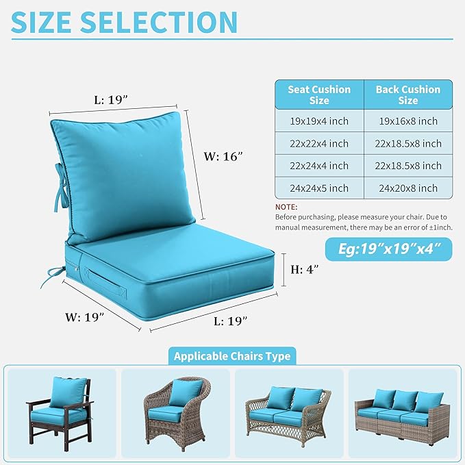 Premium Outdoor Seat Cushion Chair Cushions for Patio Furniture 19 L X 19 W X 4 H Waterproof & Fade Resistant Deep Seat and Backrest Cushion Set with Removable Covers for Chair, Sofa