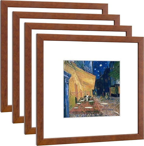 12x12 Picture Frame Set of 4 Made of Solid Wood Photo Frame with Real Glass for Pictures 8x8 with Mat or 12x12 without Mat, Wall Gallery or Tabletop display Frames, Brown