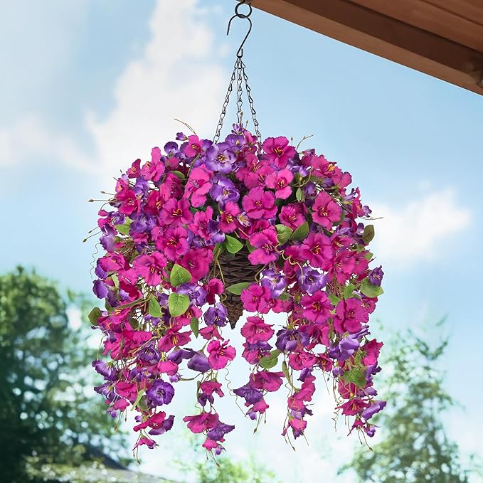 Ivydale Artificial Hanging Flowers Plants Basket for Outdoors Summer Decoration, Fake Hibiscus Vines UV Resistance Realistic Silk Flowers for Outside Home Patio Porch Balcony Garden Yard Wedding, Mix