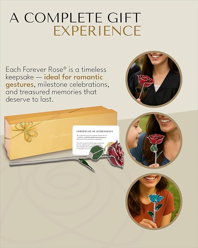 Forever Rose Real Red Rose with Platinum Trimmed Petals and Platinum Stem, Handcrafted Preserved Rose in Luxury Gold Gift Box, Romantic Gift for Her, Elegant Gift for Any Occasion