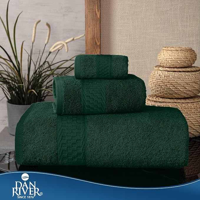 Dan River 100% Ring Spun Cotton 3-Piece Towel Set, Hunter Green, Bath Towel, Hand Towel and Washcloths, 550 GSM - Soft, Absorbent Quick Dry Cotton Towels for Bathroom, Spa, and Gym