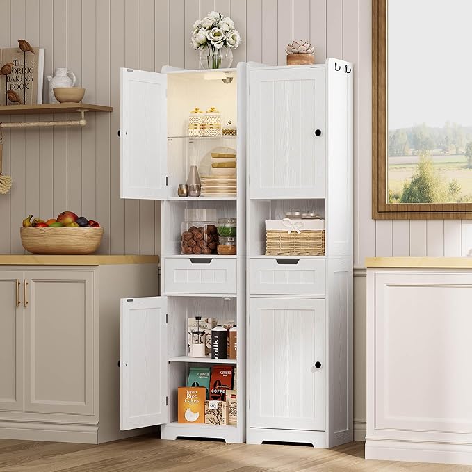 LIKIMIO 68" Tall Bathroom Storage Cabinet with Lights, Narrow Storage Cabinet with Adjustable Shelves, 2 Doors, 2 Hooks & 1 Drawer, Slim Freestanding Cabinet for Bathroom, Living Room, Kitchen, White