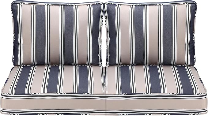 Outdoor Deep Seating Cushion Set, 24" x 24", Waterproof & Fade Resistant Patio Furniture Cushions with Handle, Deep Seat and Back Cushion for Chair and Sofa (2, Blue Stripe)