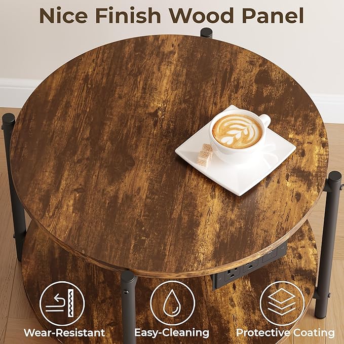 LIKIMIO Round End Table with Charging Station, 23.6" W Wooden Side Table with 2-Tier Storage, Modern Nightstand for Small Spaces, Living Room, Bedroom, Rustic Brown