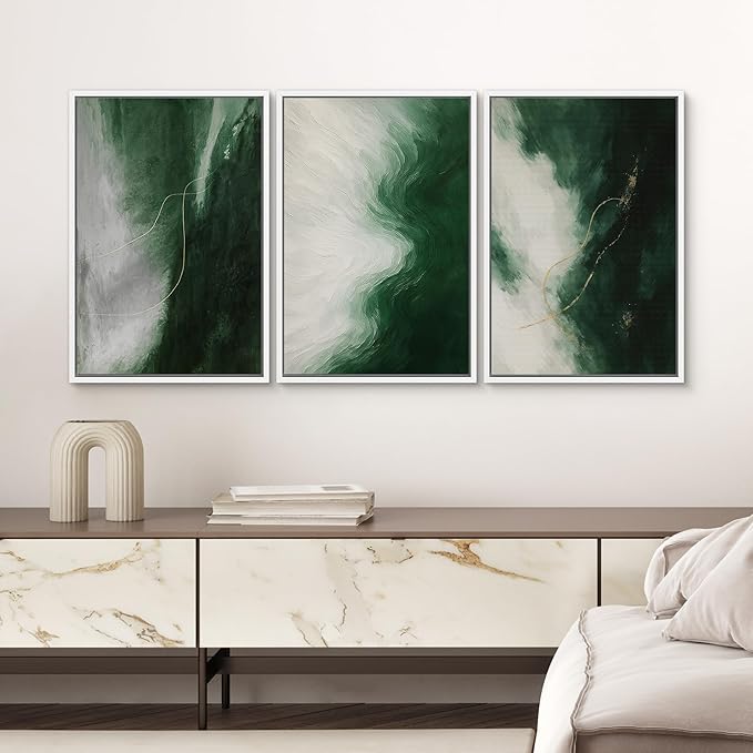 SIGNWIN Framed Canvas Print Wall Art Set Green Abstract Modern Contemporary in Emerald and White Illustrations Modern Art Decorative Rustic Calm/Zen for Living Room, Bedroom, Office - 24"x36"x3 WHITE