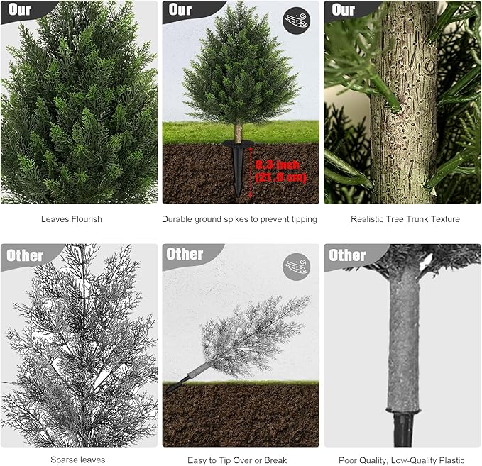 24 Inch 2 Set Artificial Cypress Topiary Tree, Outdoor Indoor Faux Boxwood Bush Plants, Fake Cedar Potted with Ground Spike for Home Front Porch Decor Outside Garden