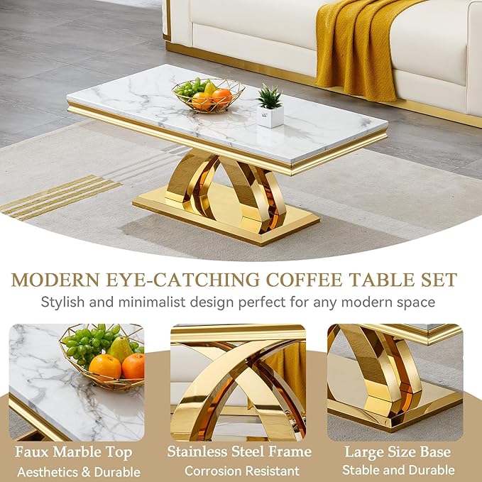 Modern Marble Coffee Table, 47" White and Gold Rectangle Coffee Table with Faux Marble Top & Golden Geometric Stainless Steel Base, Rectangle Living Room Tea Table Center Table for Home Office