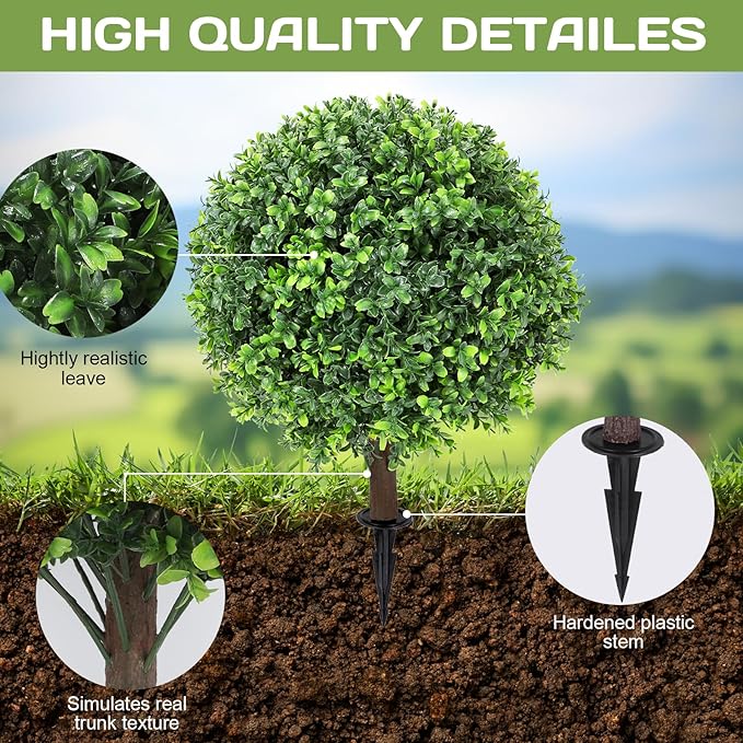Artificial Boxwood Topiary Ball Tree 24" with Ground Spike, Set of 2 Artificial Boxwood Bushes for Faux Shrubs, Fake Evergreen Faux Plant for Indoor Outdoor Porch Garden- UV Resistant – Fade-Proof