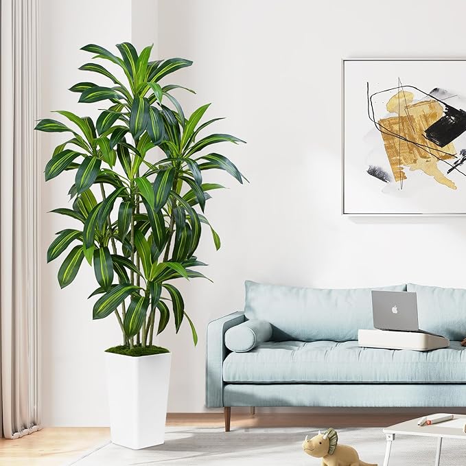 Dracaena Plant Artificial Tree 6Ft Tall Fake Tropical Floor Plants Potted (Real Touch) Artificial Silk Tree Leaf Faux Trees White Tall Planter for Home Office Living Room Indoor Outdoor Decor