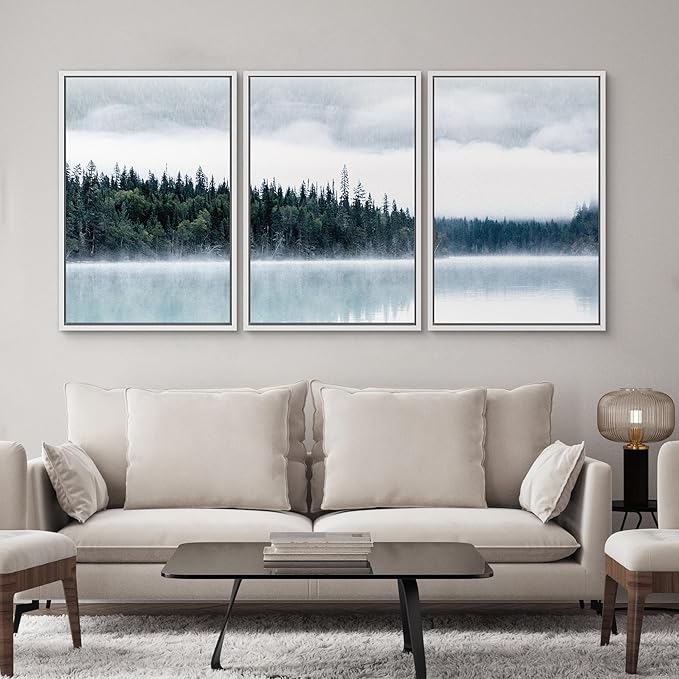 SIGNWIN Framed Canvas Print Wall Art Set Film Grain Cinematic Mountain Forest Lake Nature Wilderness Photography Modern Art Landscape Relax/Calm for Living Room, Bedroom, Office - 16"x24"x3 White