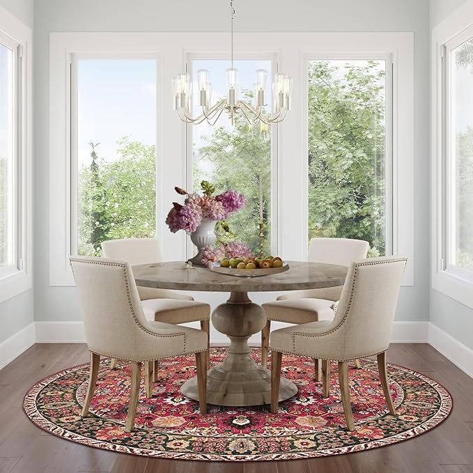 vivorug Round Rug 4ft Vintage Round Area Rug Non-Slip Indoor Carpet for Living Room Bedroom Entryway, Stain Resistant Home Decor Circle Rug, Cherry Red/Spice