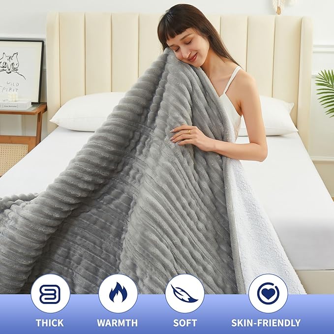 Heated Blanket Electric Blanket 62"x84", Soft Flannel Sherpa Electric Throw with 5 Heating Level & 1-12 Hour Auto Off, Heated Throw with Overheating Protection, Machine Washable(Light Grey)