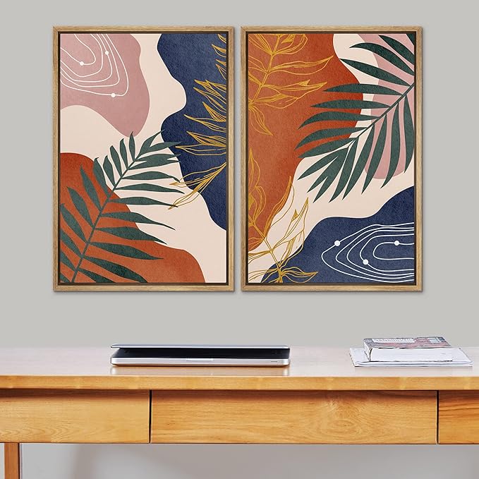SIGNFORD Framed Canvas Print Wall Art Set Retro Mid-Century Geometric Forest Plants Abstract Shapes Illustrations Modern Art Decorative Bohemian for Living Room, Bedroom, Office - 16"x24"x2 Natural