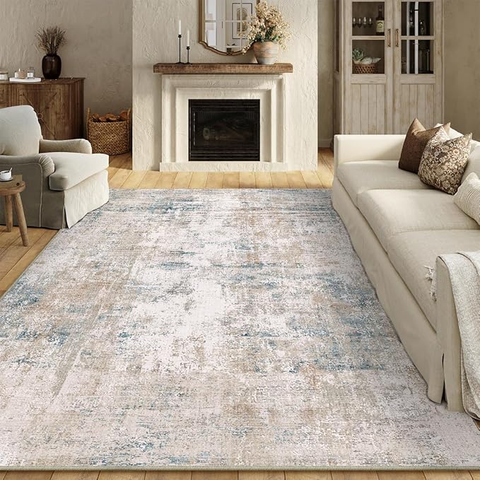 10x14 Washable Area Rug Beige Blue Neutral Abstract Living Room Bedroom Large Throw Rug Non Slip Soft Low Pile Indoor Floor Carpet for Dining Room Kitchen Office Entryway