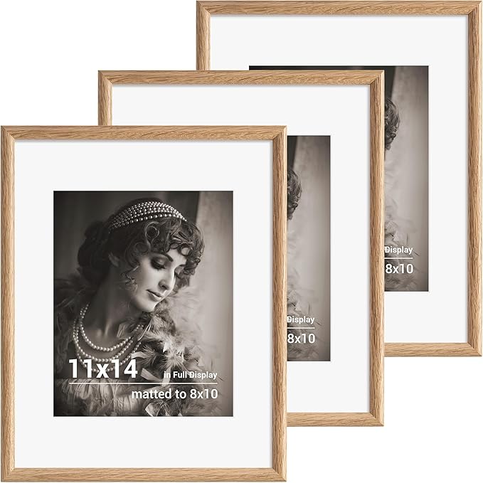 11x14 Picture Frame Set of 3 - Solid Oak Wood Picture Frames with HD Tempered Glass, Handcrafted Rounded Corner 11 x 14 Wooden Frame Matted to 8x10 Photos, Horizontal or Vertical Wall Display