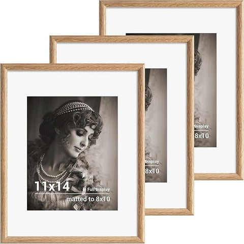11x14 Picture Frame Set of 3 - Solid Oak Wood Picture Frames with HD Tempered Glass, Handcrafted Rounded Corner 11 x 14 Wooden Frame Matted to 8x10 Photos, Horizontal or Vertical Wall Display