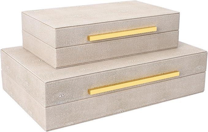 Ivory Shagreen box Set of 2 Faux Leather Decorative Boxes,Large Nesting Storage Decorative Boxes with Lids for Modern Home Decor Stacking Jewelry Box Organizer
