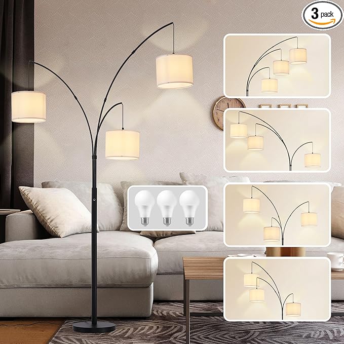 DLLT Modern Floor Lamp for Room: 3-Light Black Tree Dimmable Floor Lamps with White Shades for Living Room - Arc Standing Lamp for Bedroom - Tall Floor Lamp for Office Corner 3 LED Bulbs Included