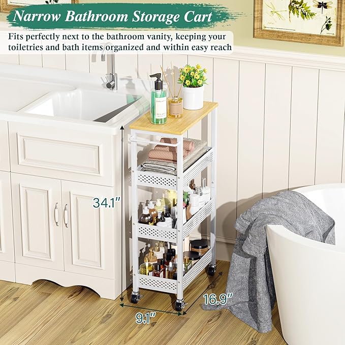 Utility Slim Storage Cart, 4-Tier Narrow Bathroom Organizers and Storage Cart, Narrow Metal Kitchen Laundry Room Organization Shelf with Wood Top, Slim Rolling Carts with Wheels for Small Space