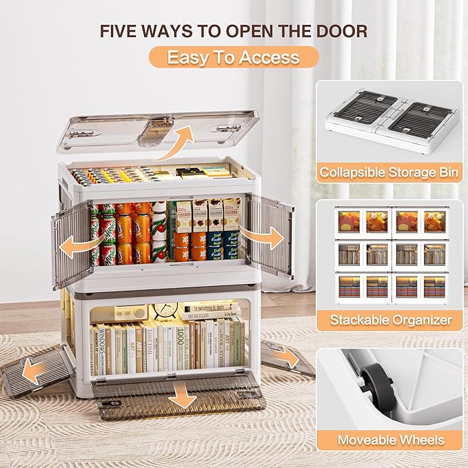 148QT Large Bins Storage with Lids, 36.9 Gal 3 Tier Plastic Stackable Storage Bins with Doors & Wheels, 5-Open Ways Collapsible Storage Bins for Closet Organizers and Storage-Room Office Livingroom