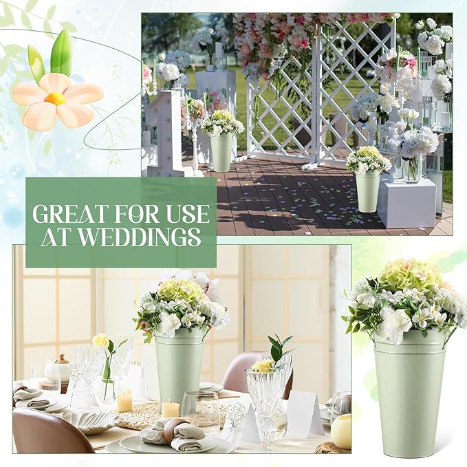 Irenare 12 Inch Vintage Galvanized Flower Bucket Metal Flower Vase Farmhouse French Bucket Planter Metal Floral Container for Party Table Centerpiece Weddings Home(Sage Green,6 Pcs)