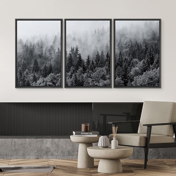 SIGNWIN Framed Canvas Print Wall Art Set Black & White Misty Mountain Forest Nature Wilderness Photography Modern Art Landscape Relax/Calm for Living Room, Bedroom, Office - 16"x24"x3 Black