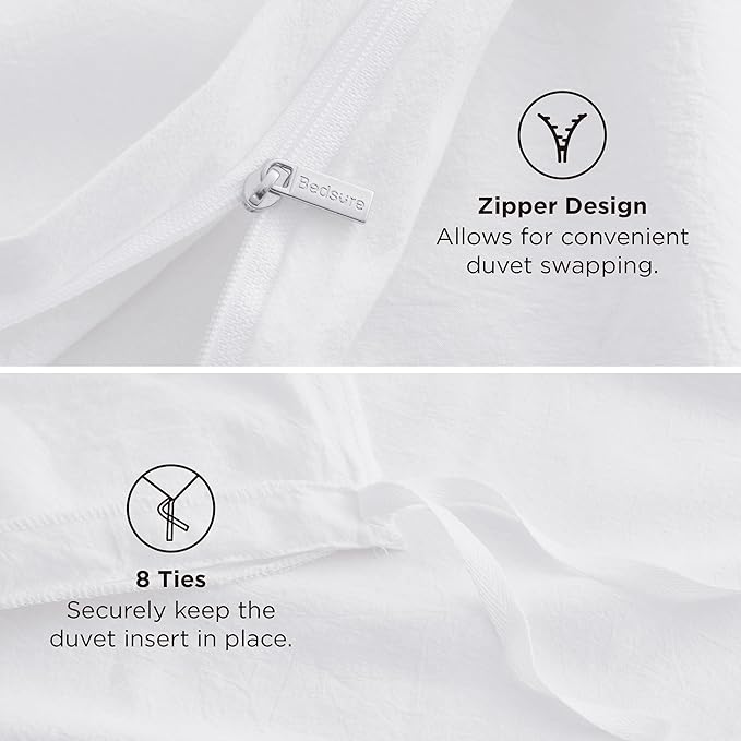 Bedsure 100% Washed Cotton Duvet Cover Twin - Bright White Minimalist Duvet Cover Linen Like for All Seasons - GentleSoft™ Plain Simple Bedding, 2 Pieces (Bright White, Twin, 68"x90")